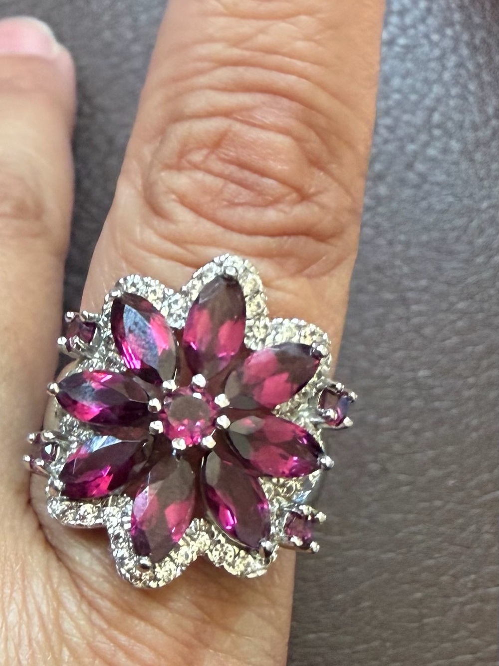 DK Sterling Silver Raspberry Garnet Red & Clear CZ Cocktail Sz 8.5 ring
